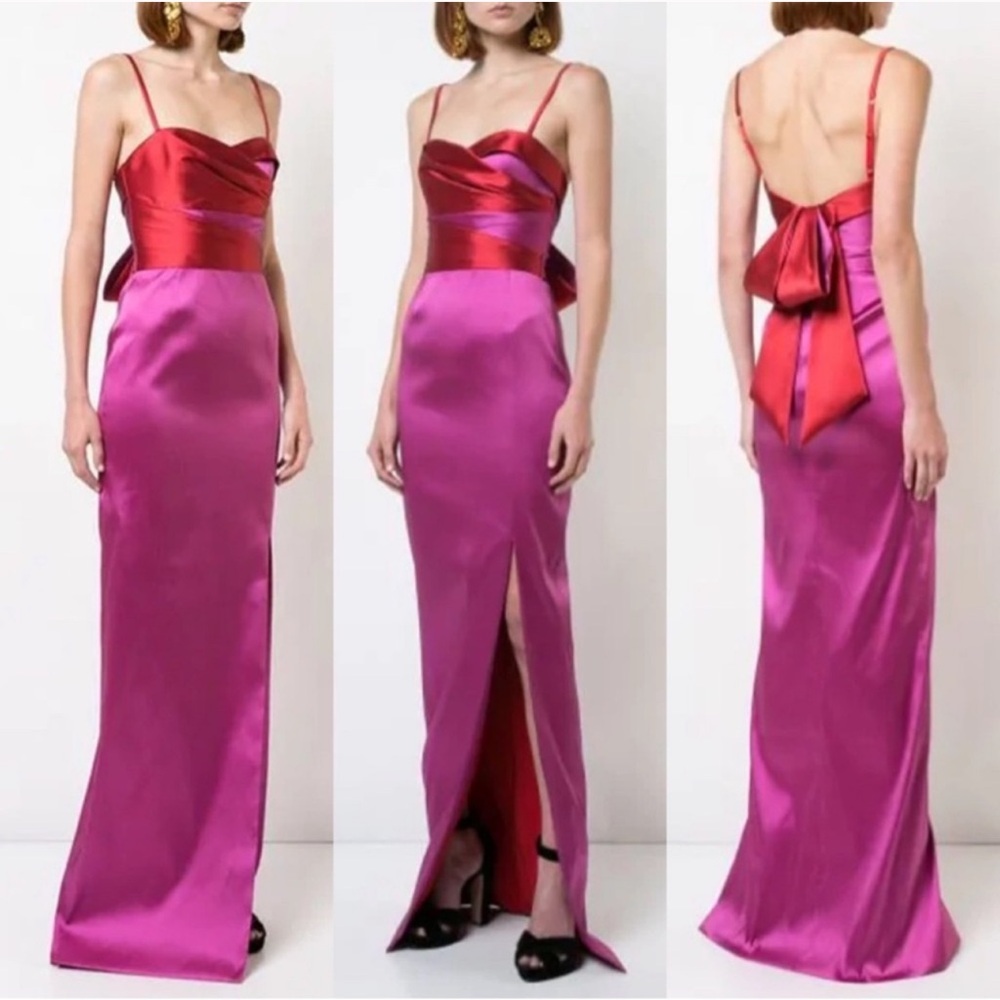 Marchesa Notte Color Block 2 Tone Mikado Back Bow Column Gown Maxi Dress Size 14